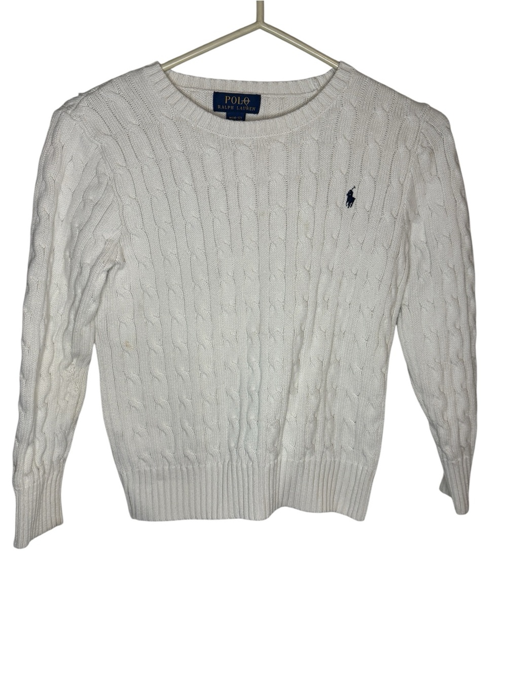 Polo Ralph Lauren White Cable Knit Cotton Crewneck Sweater Youth Size M (10-12)